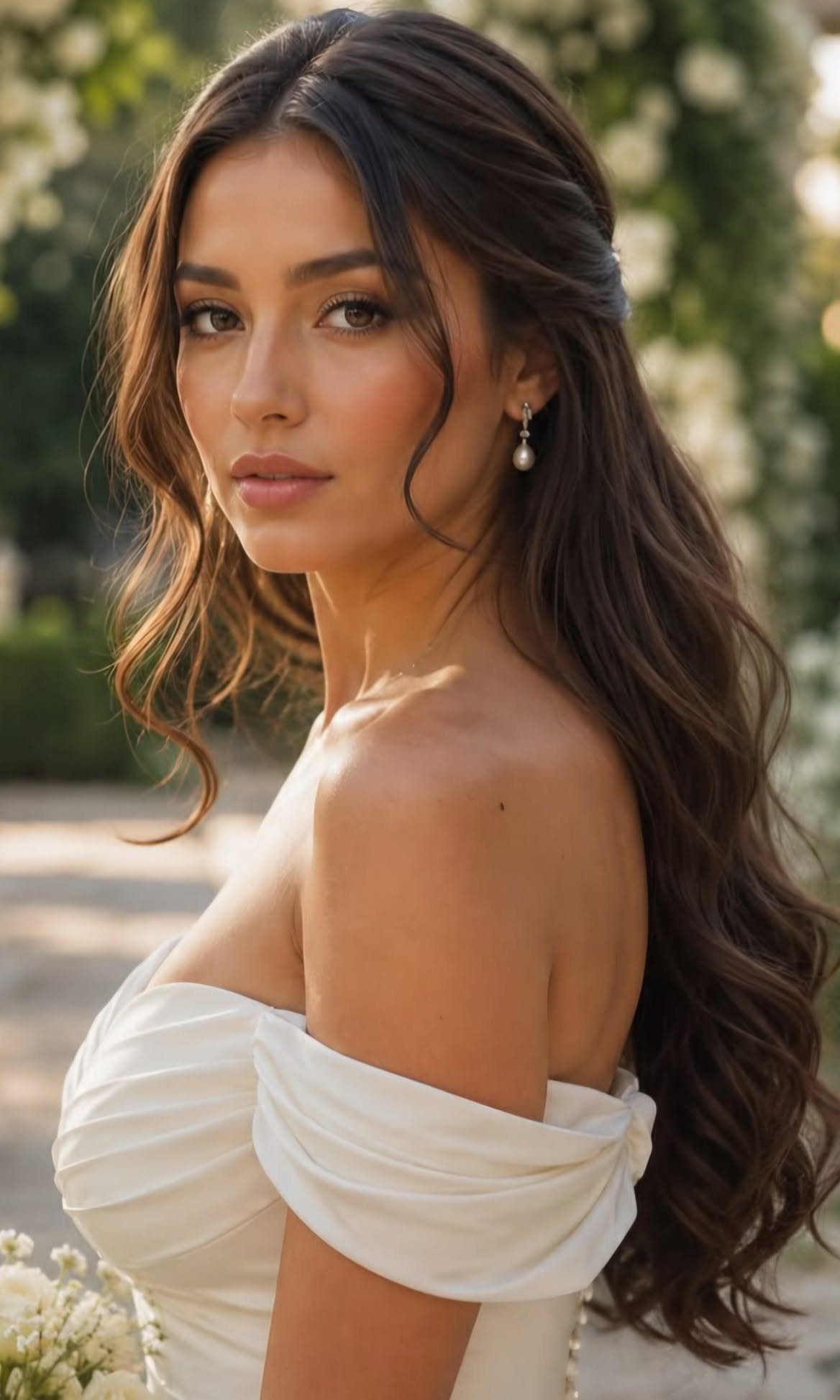 After Wedding Dress Ideas: 5 Looks Beyond the Ceremony 1 A woman with long wavy hair and elegant makeup wearing a white off-the-shoulder dress.