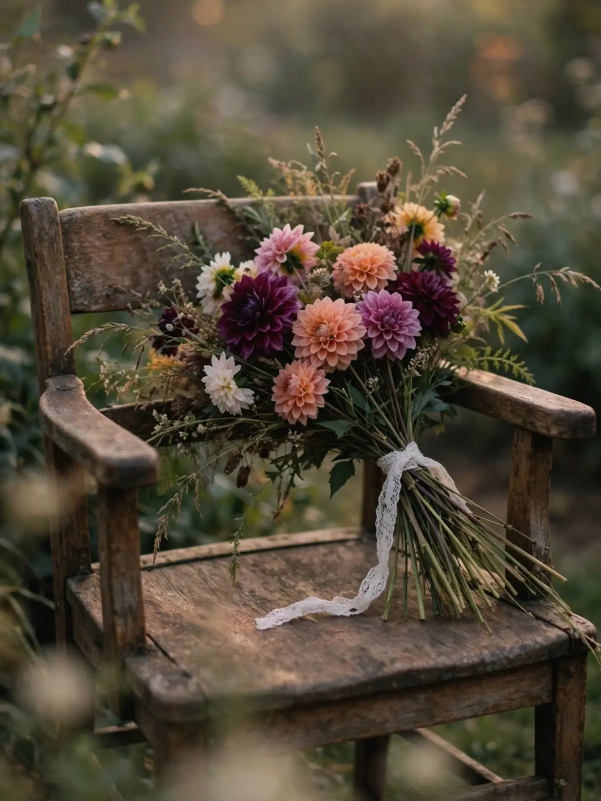 15 Boho Wedding Flowers and Ideas for the Free-Spirited Bride 15 A colorful dahlia bouquet with wild grasses resting on a rustic wooden chair outdoors.