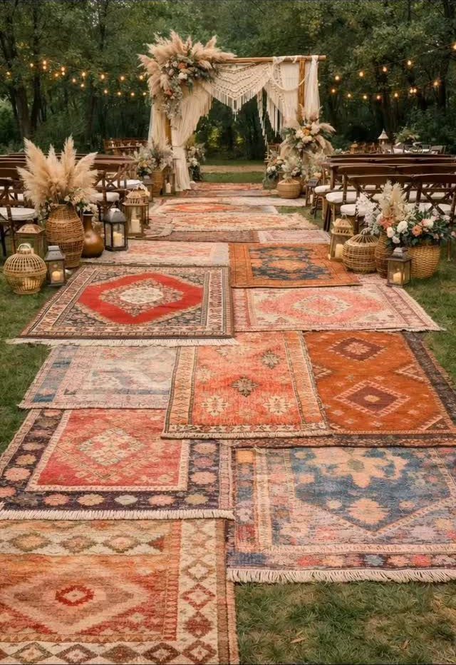15 Boho Wedding Flowers and Ideas for the Free-Spirited Bride 8 Bohemian wedding aisle with colorful patterned rugs leading to a decorated wooden archway outdoors.