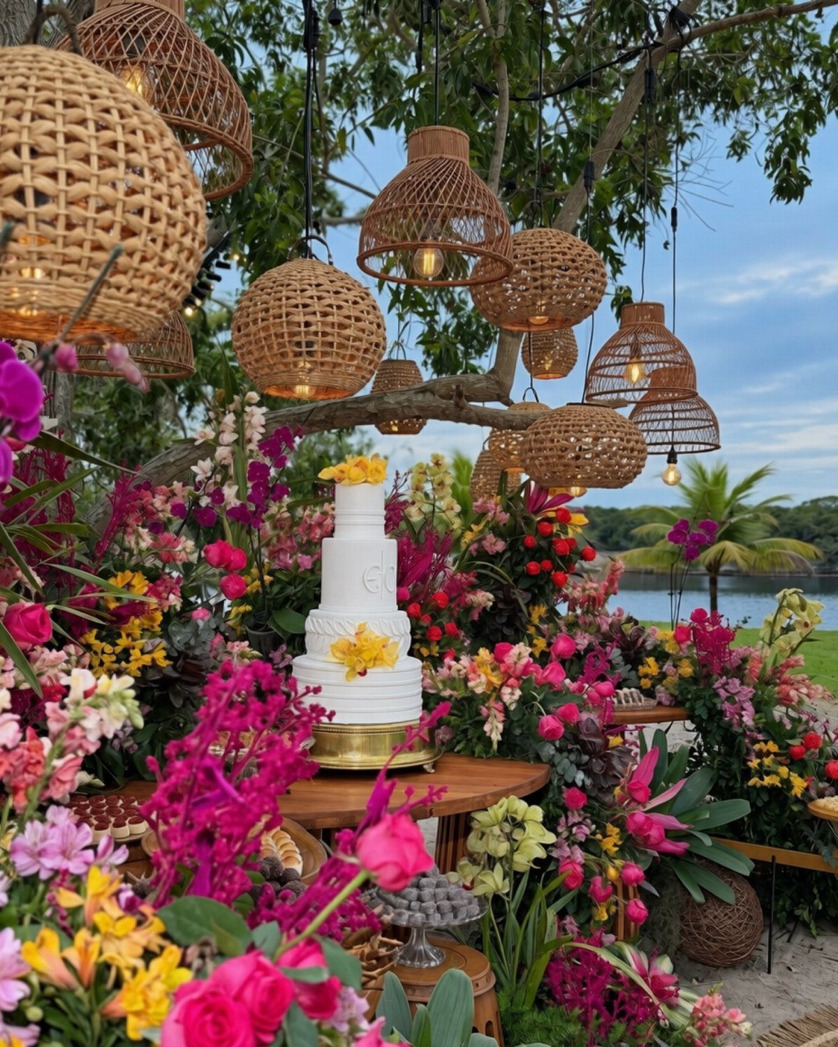 15 Boho Wedding Flowers and Ideas for the Free-Spirited Bride 7 White wedding cake with yellow flowers surrounded by vibrant tropical floral arrangements and hanging wicker lights.
