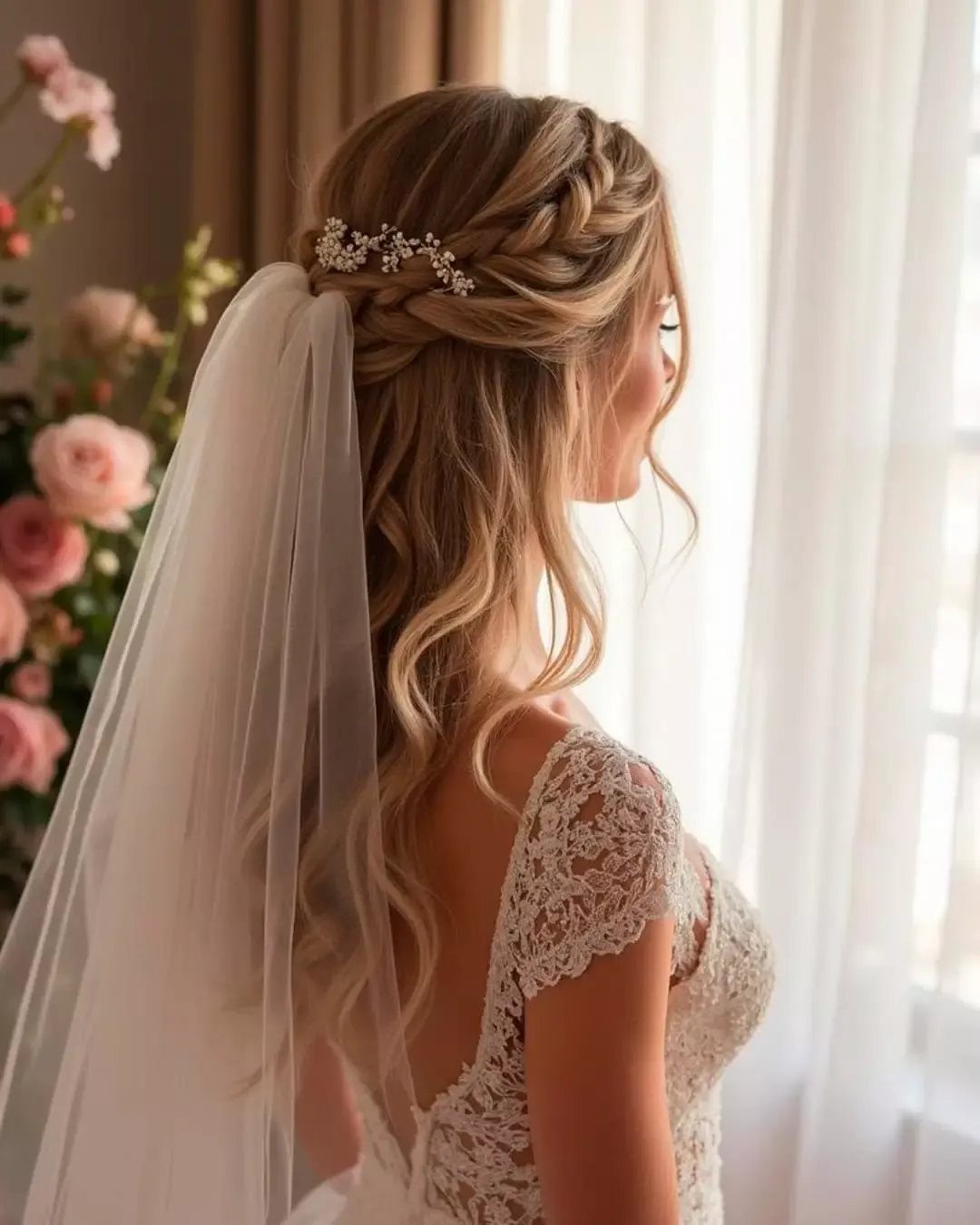 8 Bridal Hair with Veil Ideas for Every Length and Style 1 A bride with blonde wavy hair in a half-up braided style wearing a white lace dress and veil.