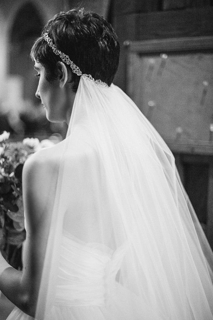 8 Bridal Hair with Veil Ideas for Every Length and Style 8 A woman with short hair wearing a sparkling headband and a long white bridal veil.