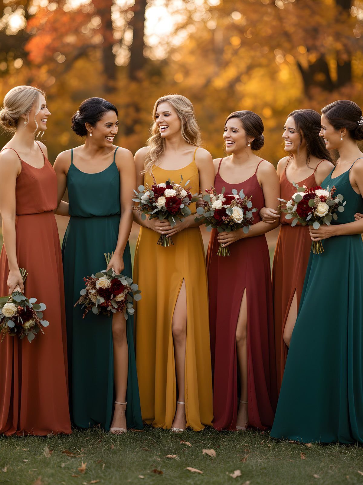 Six bridesmaids in colorful autumn dresses holding floral bouquets in an outdoor setting.