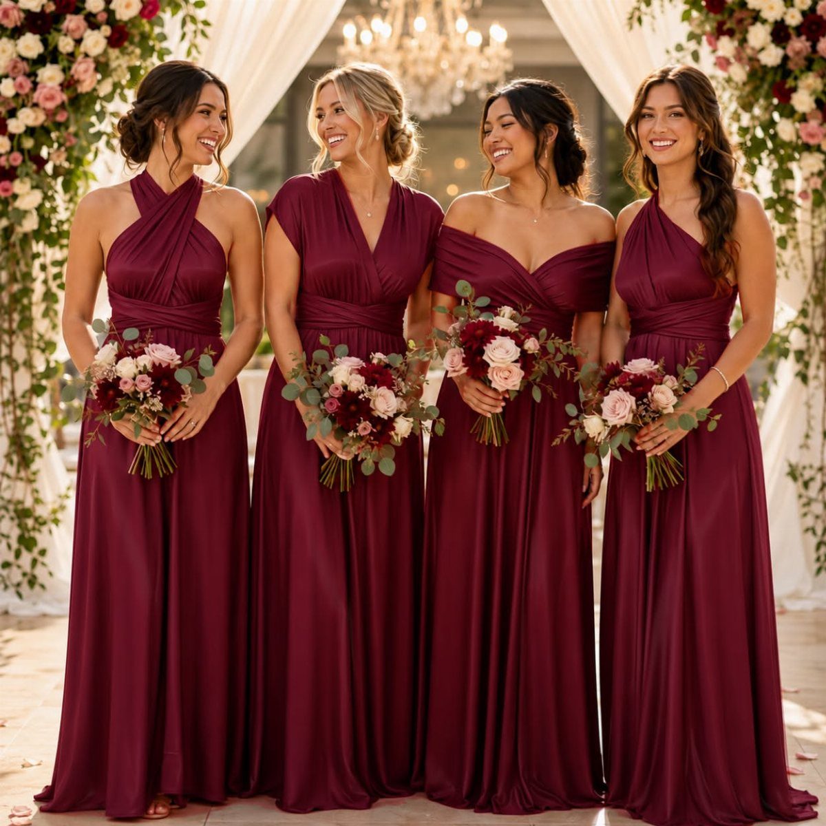 Four bridesmaids in dark red floor-length dresses holding floral bouquets in a garden setting.