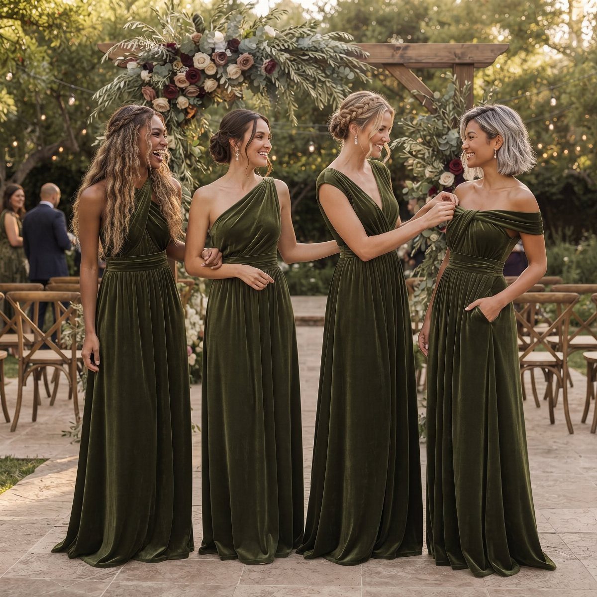 Four women smiling in long, dark green velvet bridesmaid dresses in an outdoor garden setting.