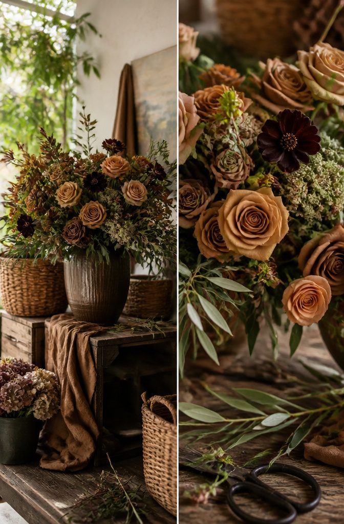 Brown Wedding Color Ideas: 2026 Palettes and Seasonal Styling 10 Floral arrangement featuring toffee roses and chocolate cosmos.