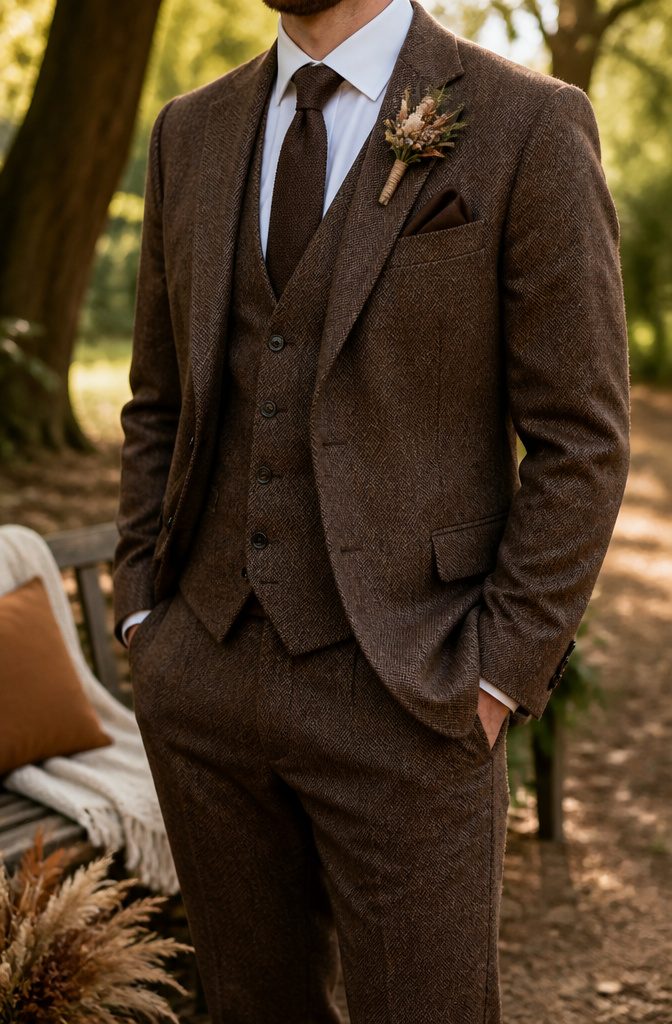 Brown Wedding Color Ideas: 2026 Palettes and Seasonal Styling 9 Groomsmen wearing chocolate brown suits and coordinating accessories.
