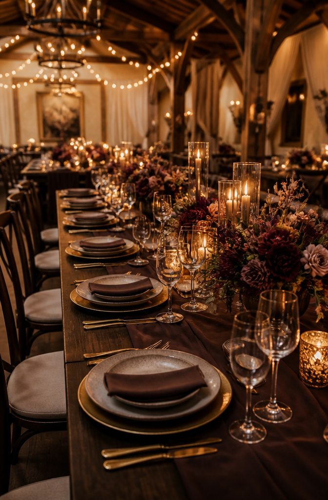 Brown Wedding Color Ideas: 2026 Palettes and Seasonal Styling 7 Reception space with chocolate brown linens and layered table settings.