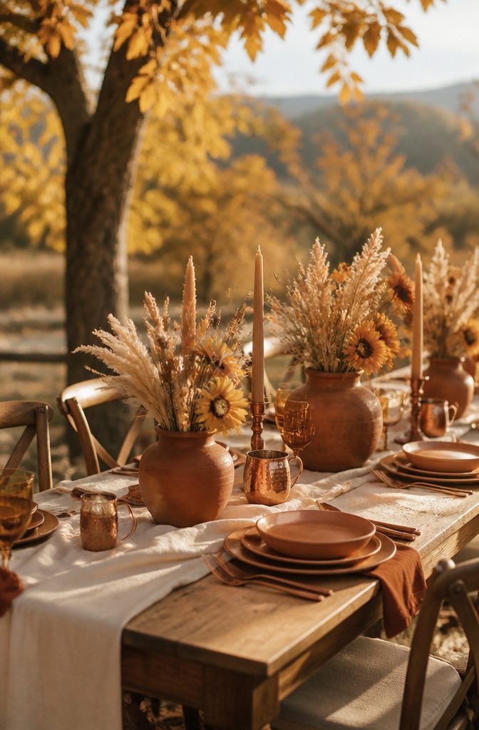 Brown Wedding Color Ideas: 2026 Palettes and Seasonal Styling 4 Rustic table featuring Cinnamon Bark decor and dried flowers.