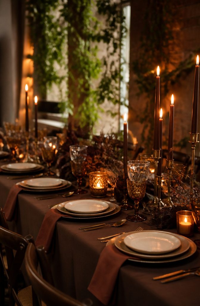 Brown Wedding Color Ideas: 2026 Palettes and Seasonal Styling 2 Dinner table with dark chocolate brown tablecloth and cream plates.