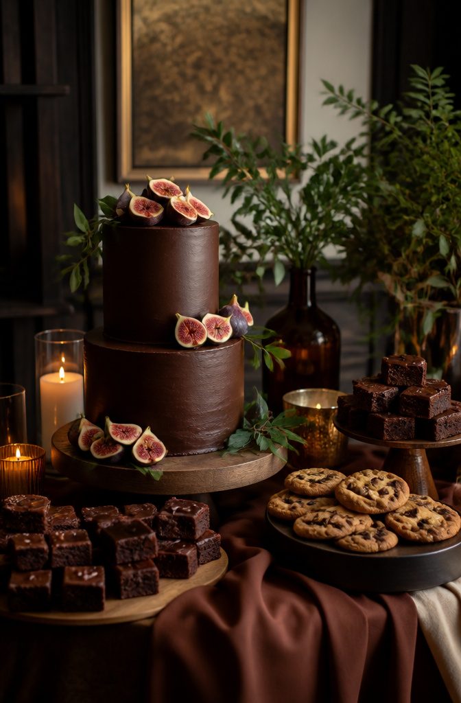Brown Wedding Color Ideas: 2026 Palettes and Seasonal Styling 13 Chocolate wedding cake with ganache and fresh figs on display.