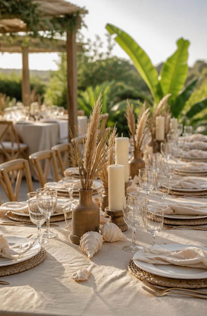 Brown Wedding Color Ideas: 2026 Palettes and Seasonal Styling 5 Outdoor wedding reception with Iced Latte-colored table linens.