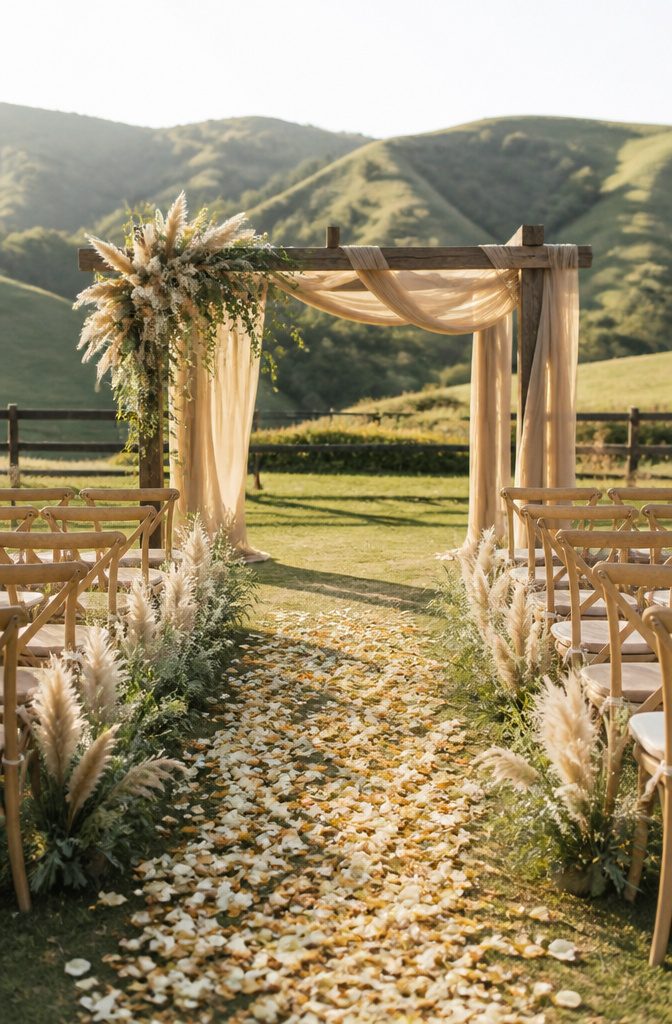 Brown Wedding Color Ideas: 2026 Palettes and Seasonal Styling 6 Bridesmaids wearing light brown dresses in a meadow with greenery.