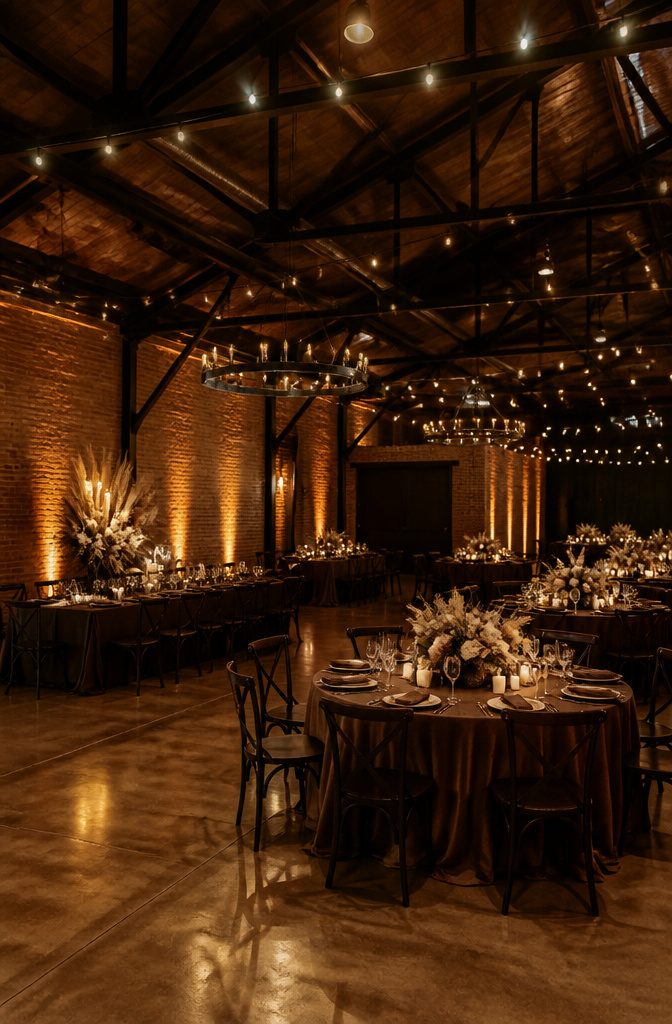 Brown Wedding Color Ideas: 2026 Palettes and Seasonal Styling 12 Wedding venue with warm lighting and brown decor elements.