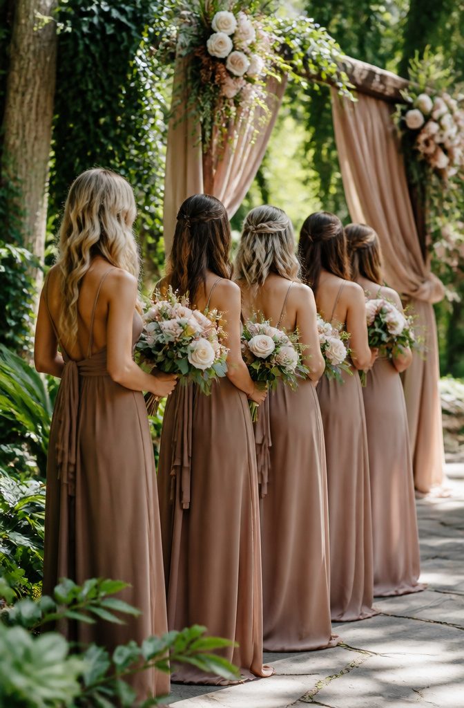 Brown Wedding Color Ideas: 2026 Palettes and Seasonal Styling 3 Bridesmaids wearing Mocha Mousse dresses in a vibrant garden setting.
