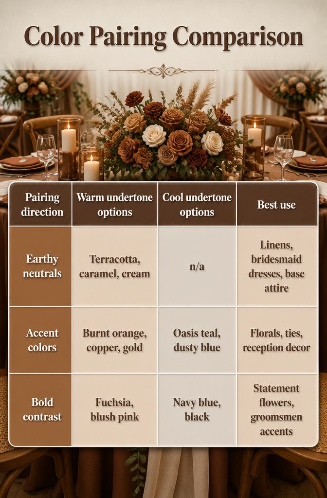 Brown Wedding Color Ideas: 2026 Palettes and Seasonal Styling 14 Color pairing comparison for warm and cool brown tones.