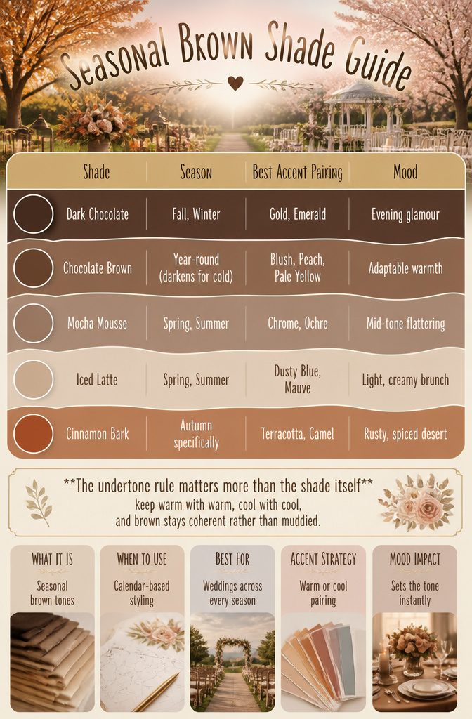 Brown Wedding Color Ideas: 2026 Palettes and Seasonal Styling 15 Seasonal guide showing different brown shades for weddings.