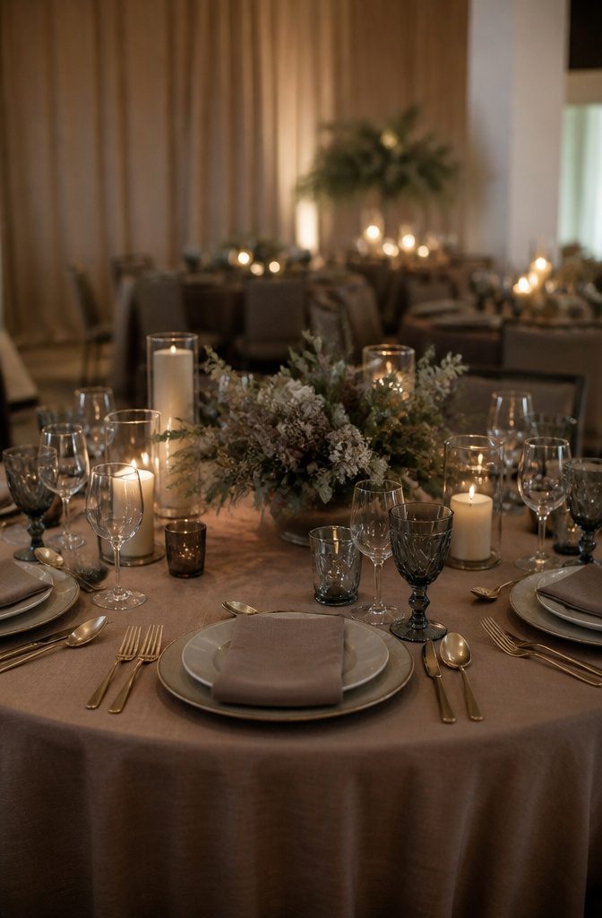 Brown Wedding Color Ideas: 2026 Palettes and Seasonal Styling 8 Table adorned with taupe linens and sage centerpieces.