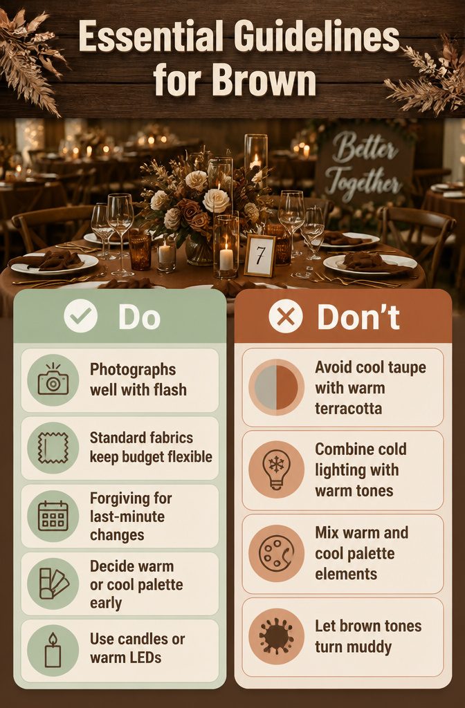 Brown Wedding Color Ideas: 2026 Palettes and Seasonal Styling 16 Guidelines for using brown tones in wedding photography.