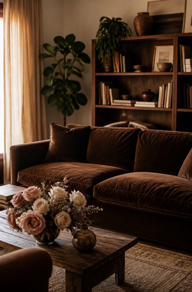 Brown Wedding Color Ideas: 2026 Palettes and Seasonal Styling 1 Living room featuring a chocolate brown velvet sofa and blush roses.