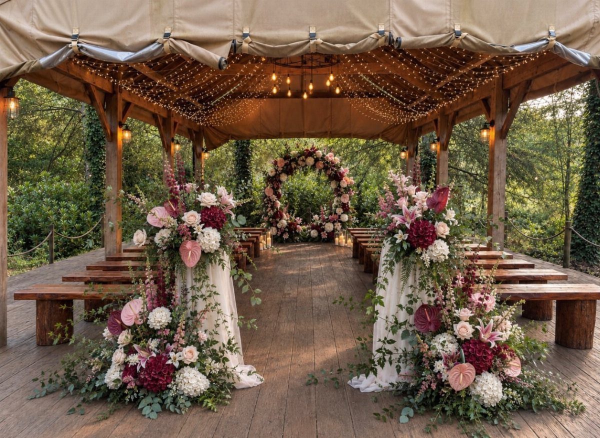 10 Burgundy and Blush Wedding Ideas for Color, Flowers & Decor 7 Floral arrangements in burgundy and blush tones decorate a wooden wedding ceremony aisle under a lit pavilion.