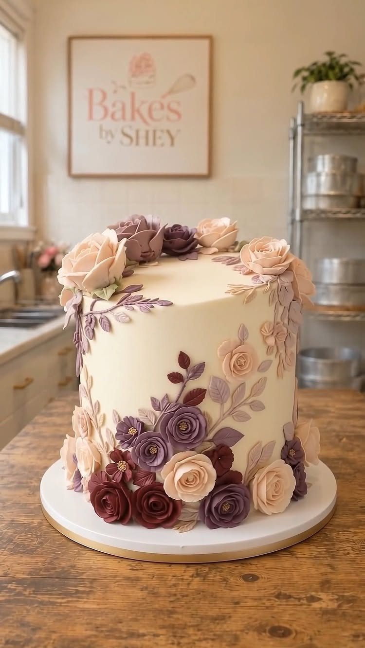 10 Burgundy and Blush Wedding Ideas for Color, Flowers & Decor 5 White cake decorated with burgundy, mauve, and blush pink sugar roses and leaves.
