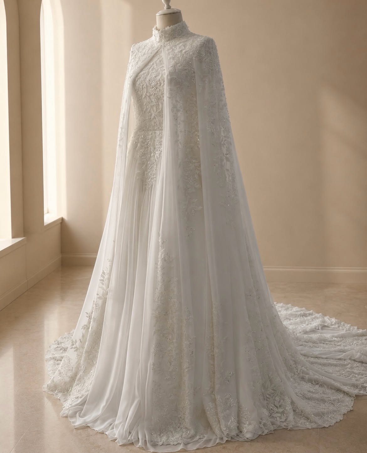 Catholic Wedding Dresses for Modest Church Ceremonies: 6 Ideas 5 A white lace wedding gown with a high neckline and a long flowing lace cape.