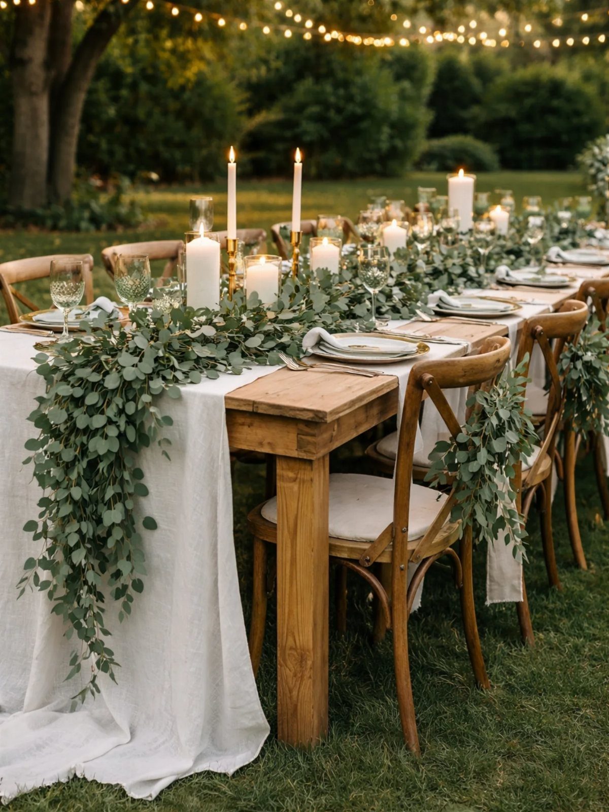 9 Champagne and Green Wedding Ideas for Every Detail 8 Eucalyptus greenery garland draped across a long wedding table with white linens and candles.