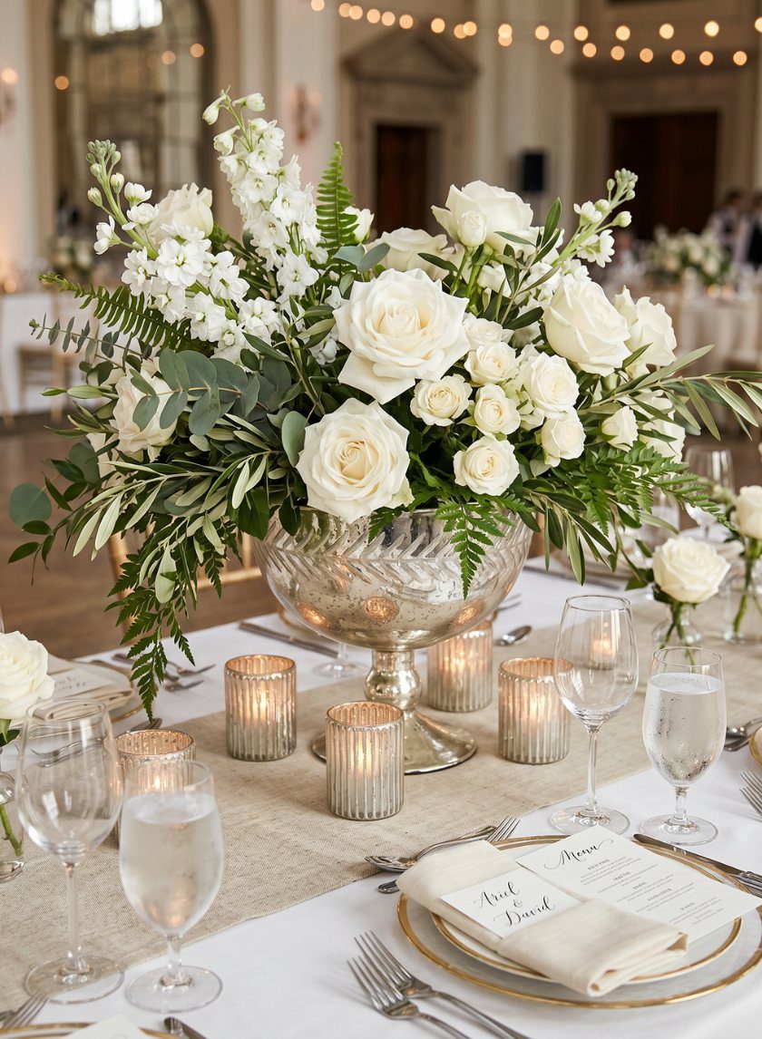 Champagne and Ivory: 3 Wedding Color Ideas That Actually Work 1 White roses and greenery in a silver bowl on a decorated wedding reception table.