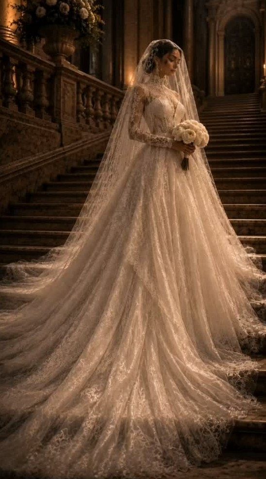 A bride in a lace wedding dress with an exceptionally long, dramatic royal train.
