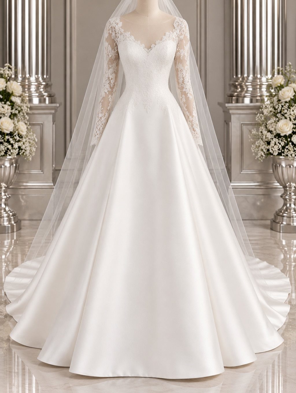 Church Wedding Dress: 10 Styles for the Ceremony 6 A white satin wedding gown with long lace sleeves and a sheer veil on a mannequin.