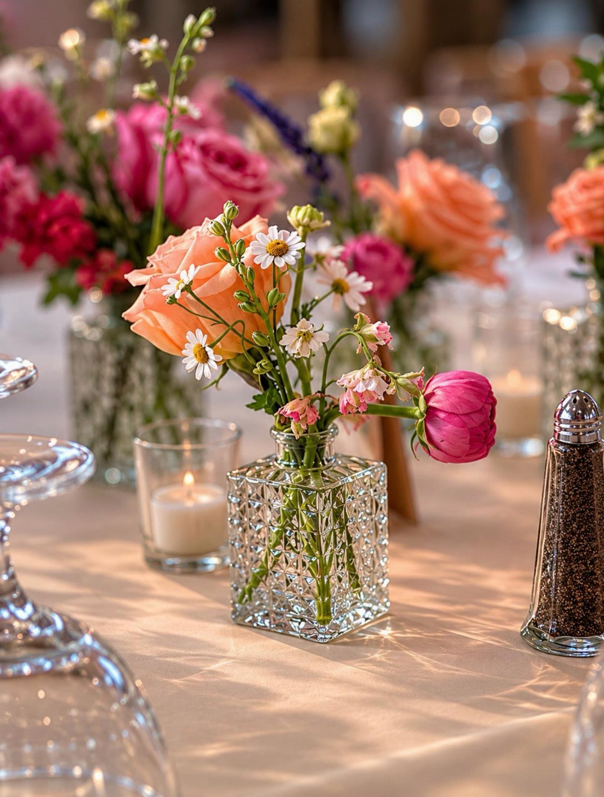 Small floral arrangements in textured glass vases on a table with candles and glassware.