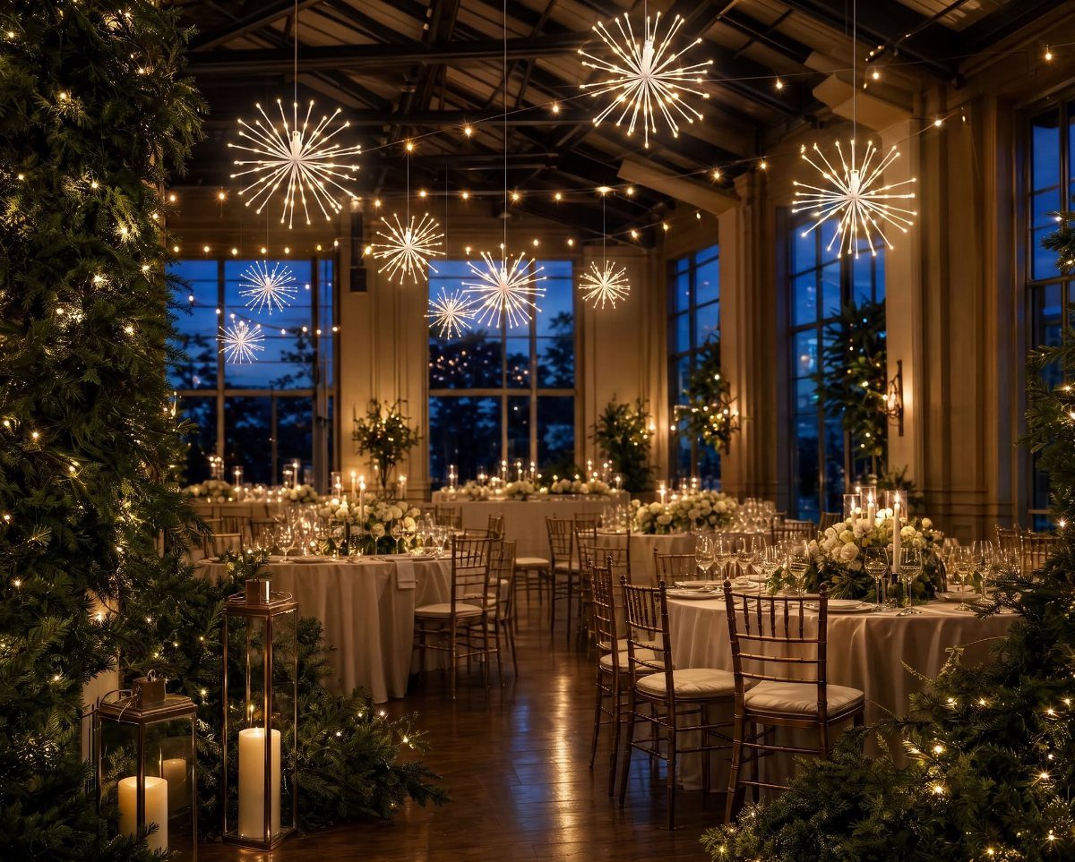 Elegant wedding reception hall featuring starburst lights, white floral centerpieces, and glowing candlelight among greenery.