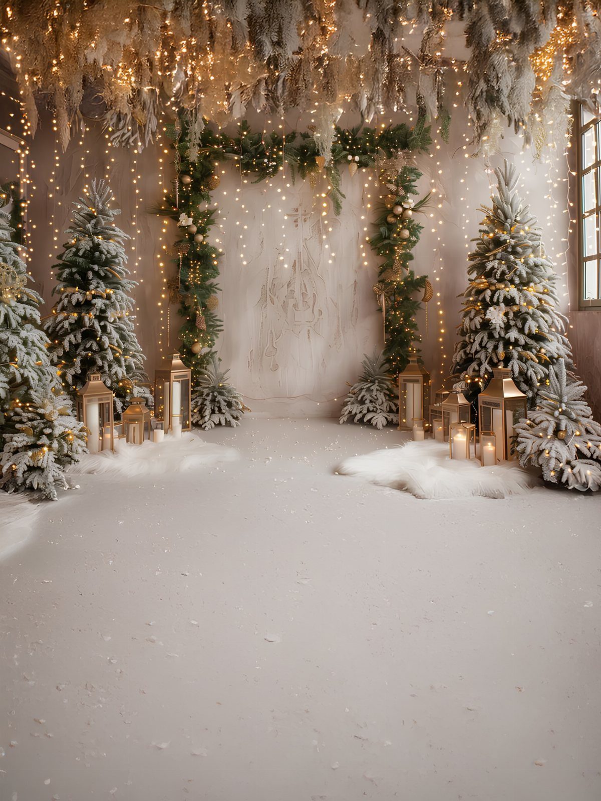 A winter wonderland photo backdrop with snow-dusted trees, fairy lights, and lanterns on white snow.