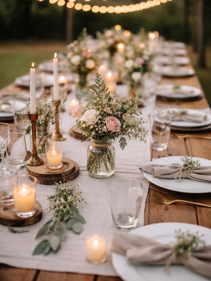 A long wooden farm table decorated with flowers, candles, and place settings for an outdoor wedding.