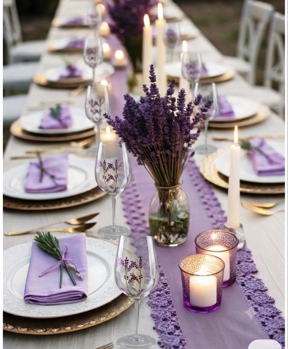Dried lavender bunches in a glass vase on a purple wedding table setting.