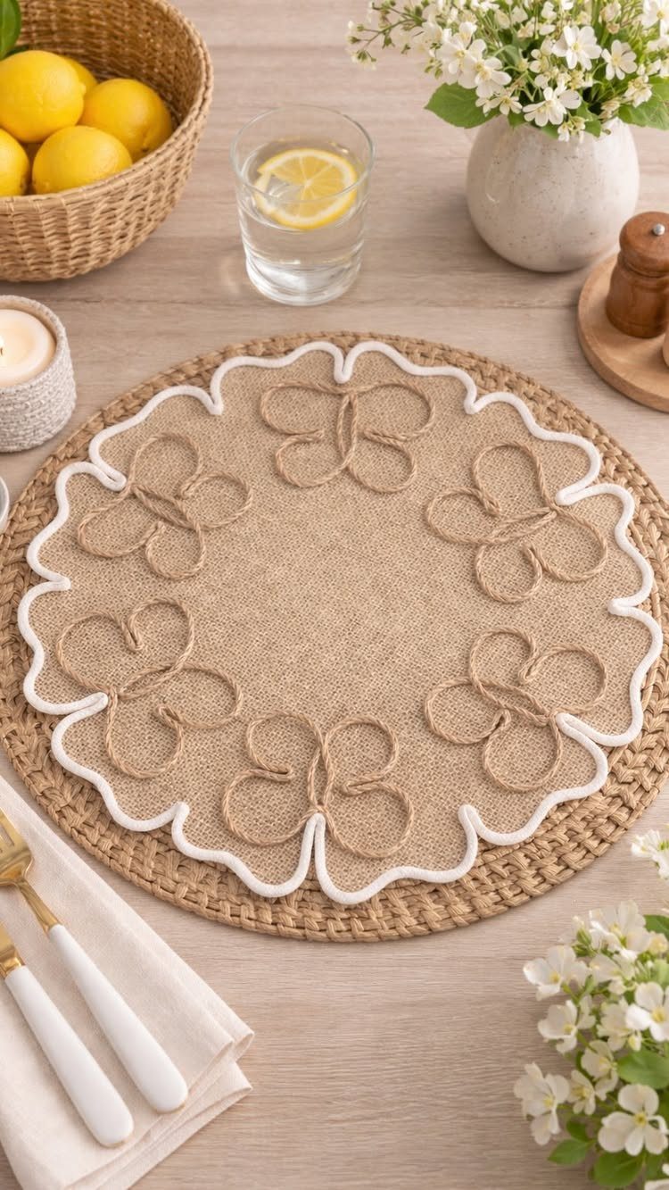 A decorative round jute placemat with white scalloped edges on a wooden table setting.