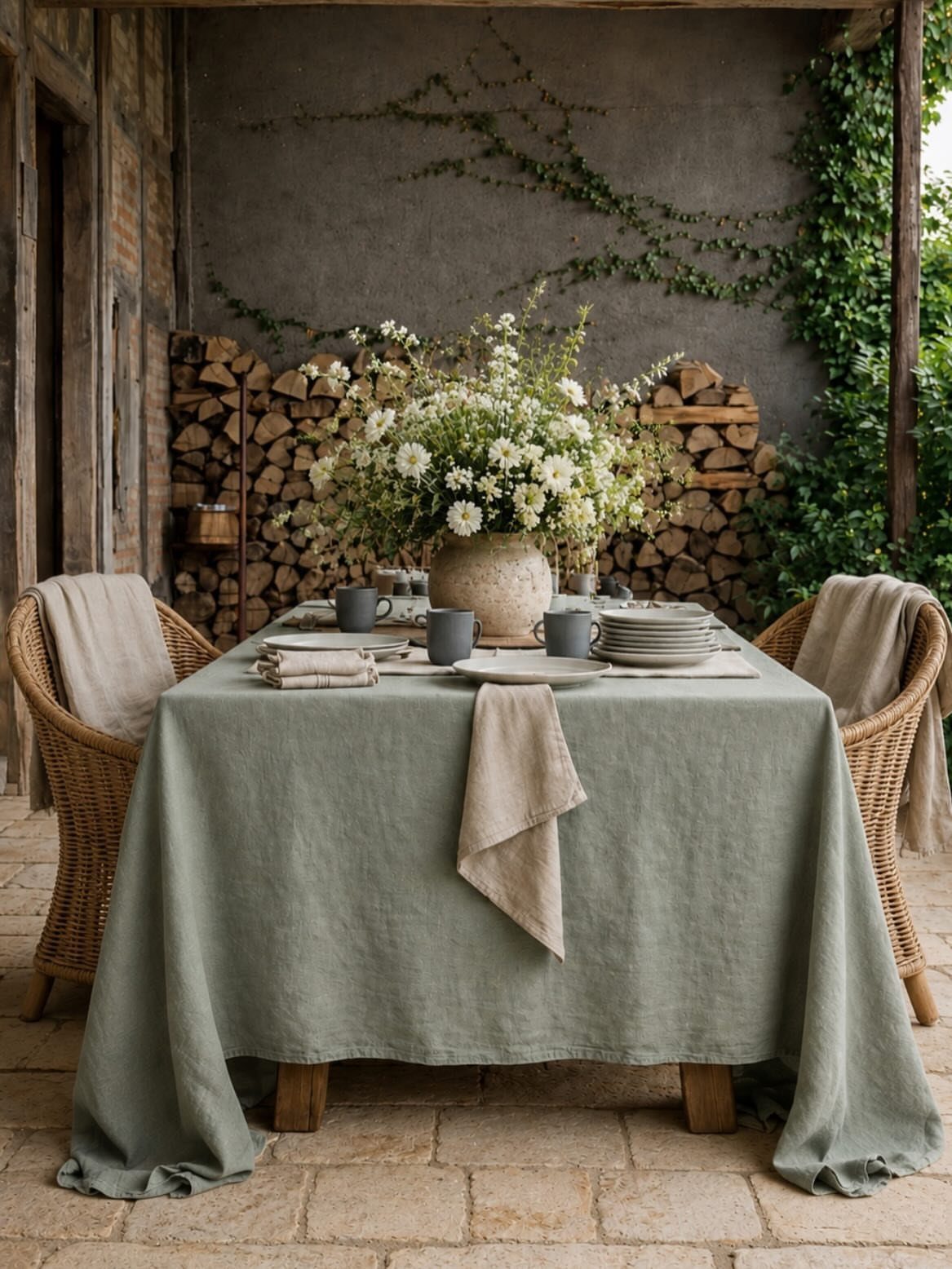 A rustic table set with sage green linen, white flowers, and beige napkins in an outdoor setting.