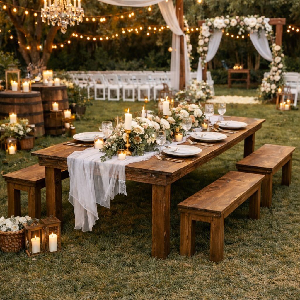 A long wooden farm table decorated with white flowers and candles set for an outdoor wedding.