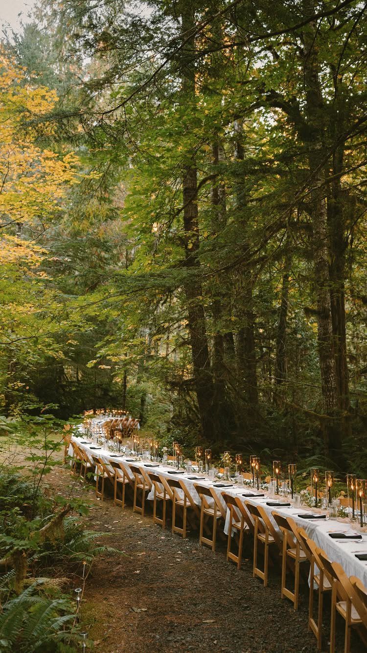 12 Forest Wedding Reception Ideas Under Lanterns and Light 6 A long wedding reception table with candles set along a path in a dense green forest.