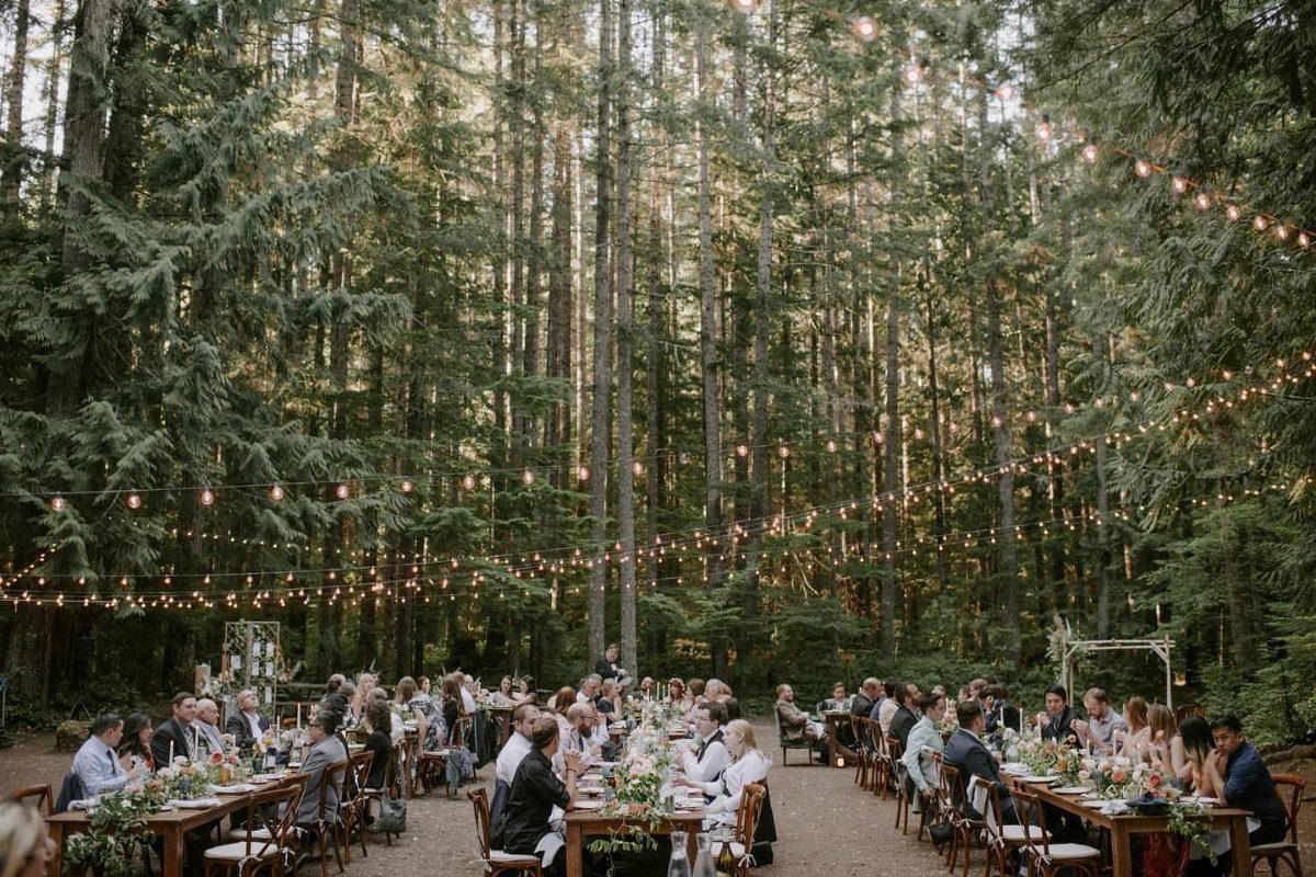 12 Forest Wedding Reception Ideas Under Lanterns and Light 5 Guests dining at long wooden tables under hanging fairy lights in a tall forest.