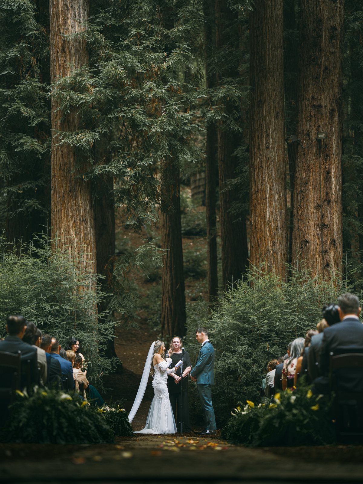 12 Forest Wedding Reception Ideas Under Lanterns and Light 1 A bride and groom exchange vows during a wedding ceremony in a redwood forest clearing.