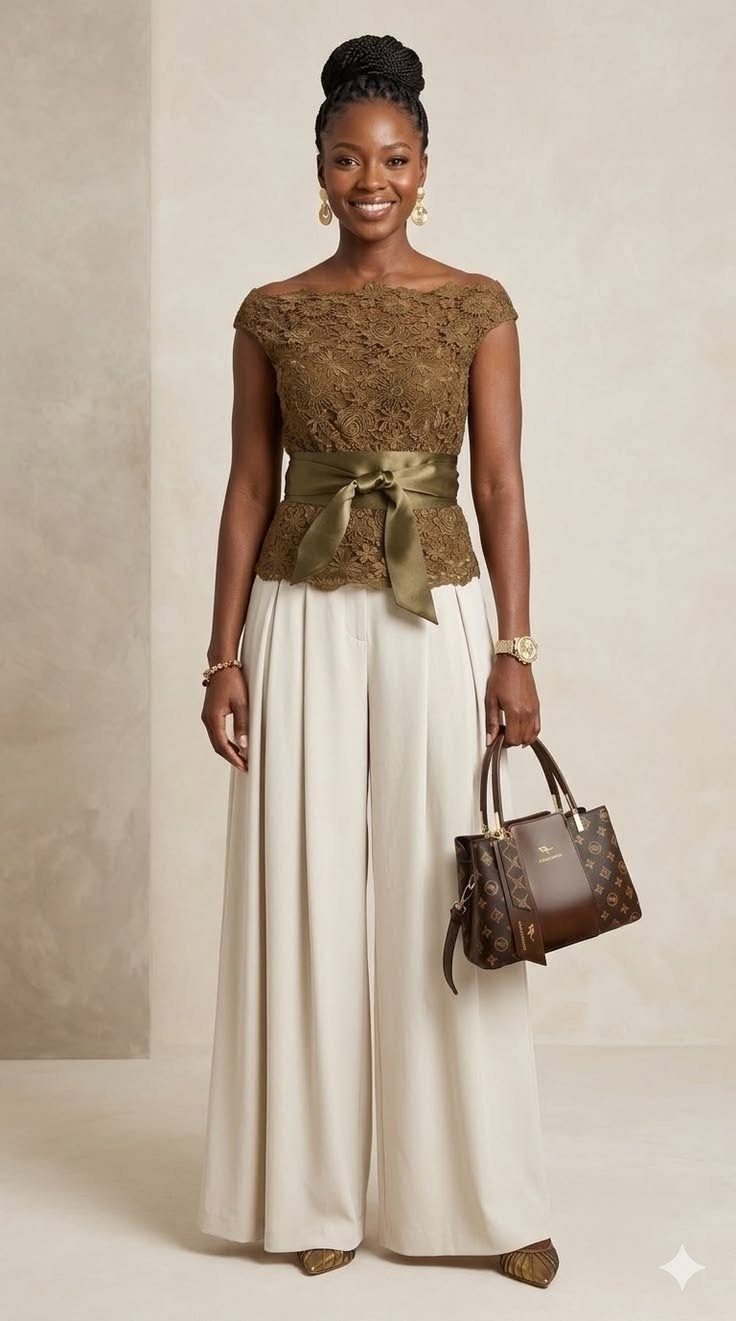 A woman in a lace top and wide-leg cream trousers posing with a handbag.