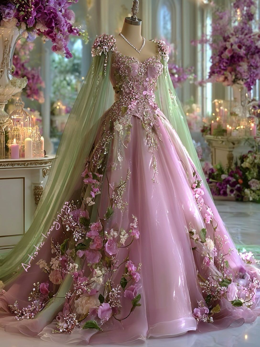 A pink and green floral wedding gown with 3D flower appliqués on a mannequin.