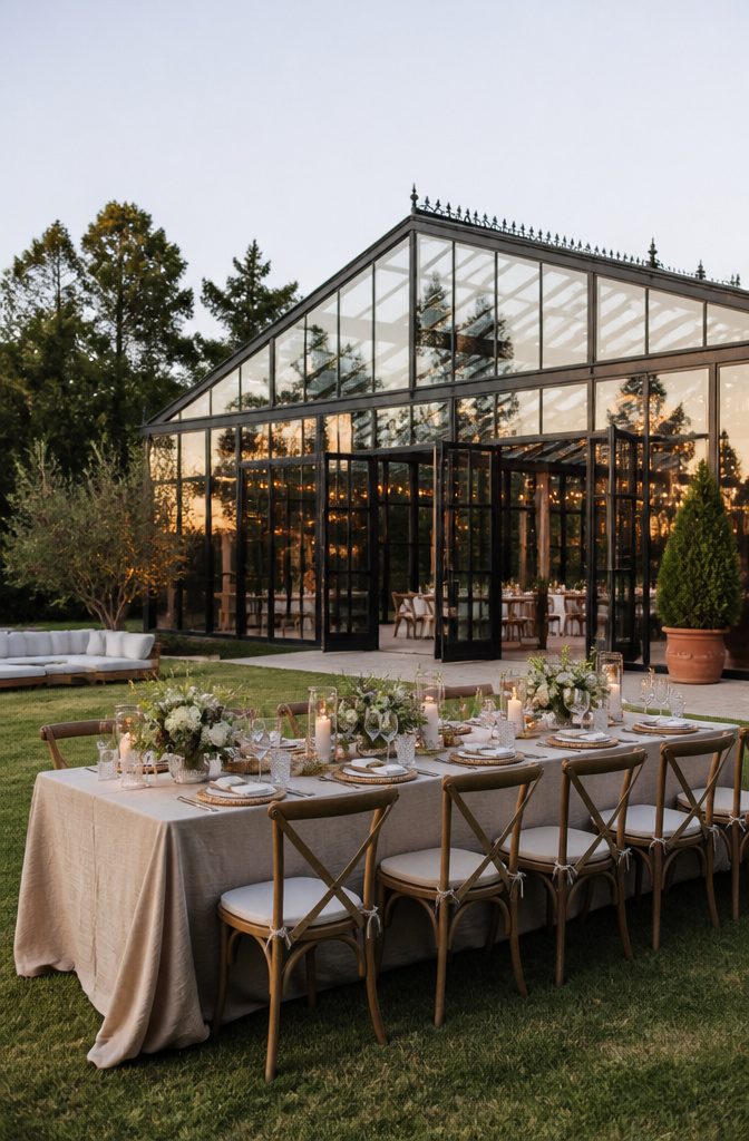 The Grand Verre glasshouse set up for a wedding event.