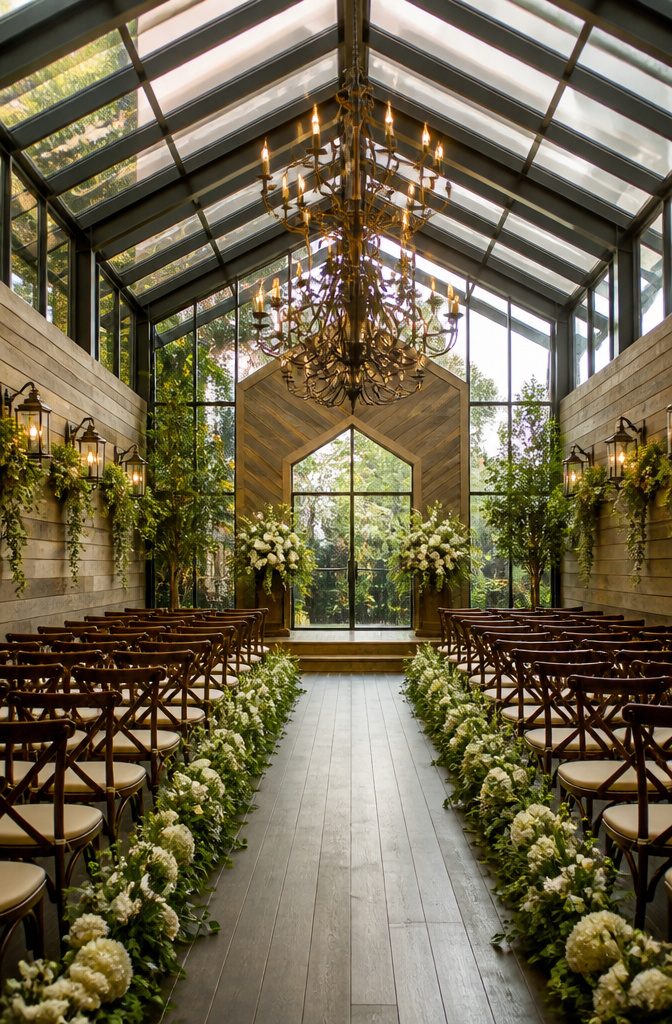Interior of the Glass Gardens Wedding Chapel with a glass ceiling.