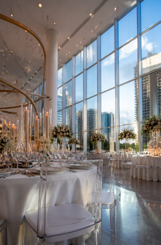 The Glasshouse Miami with large glass walls and urban view.