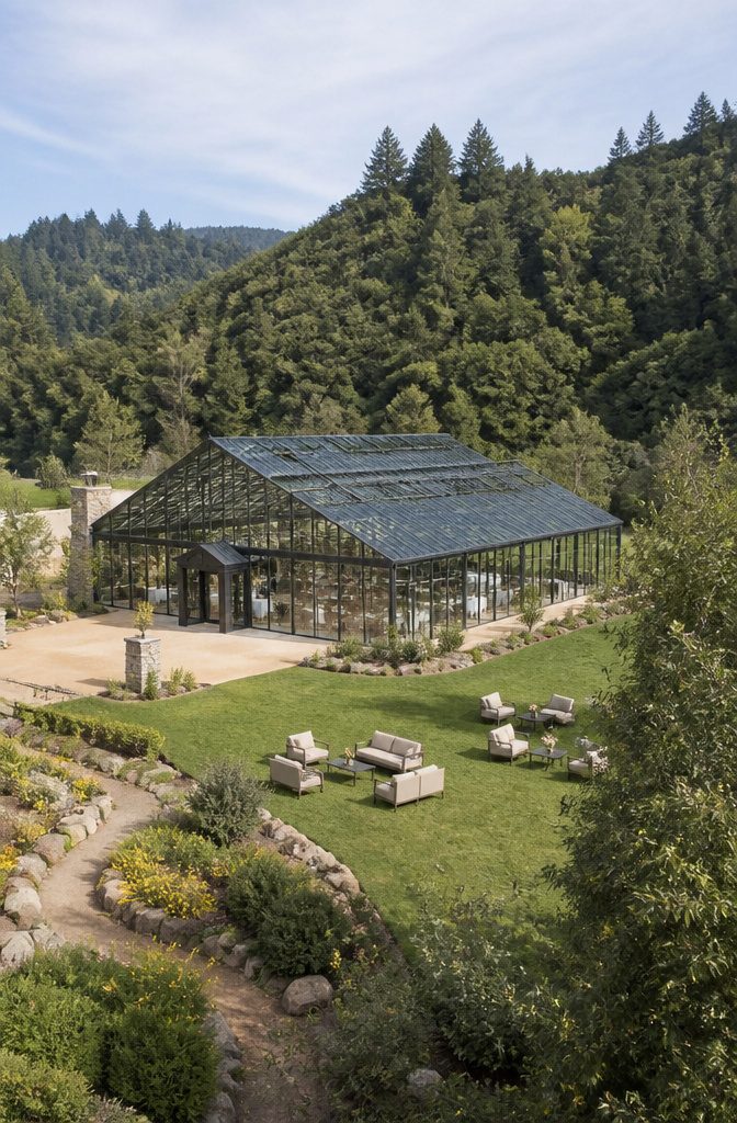 The Grand Verre glasshouse surrounded by landscaped grounds.