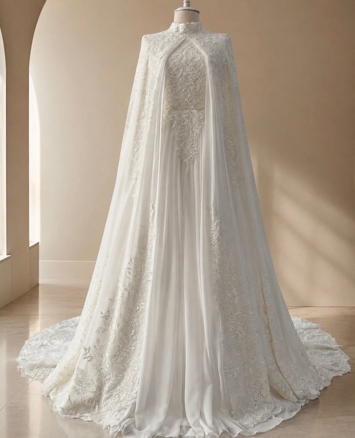 An ivory lace wedding dress with long flowing cape sleeves displayed on a mannequin.