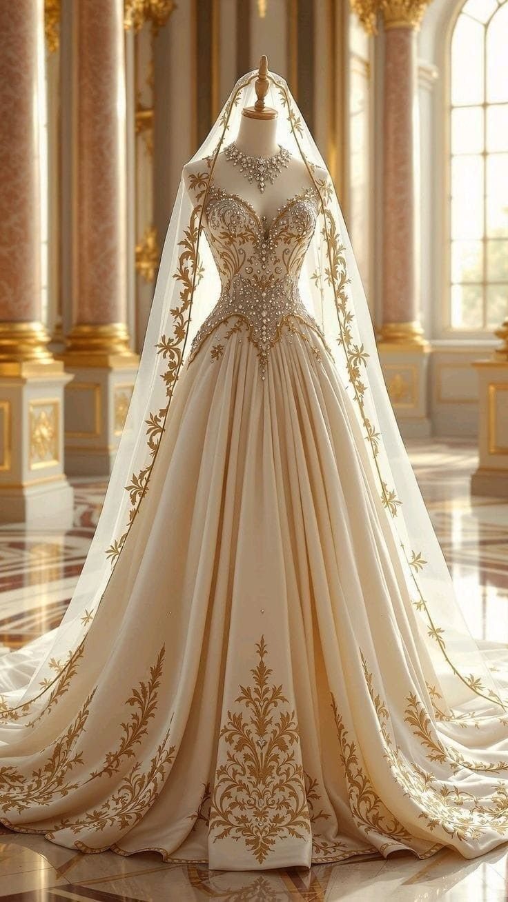 Ivory wedding dress with gold embroidery on the bodice and skirt displayed on a mannequin.